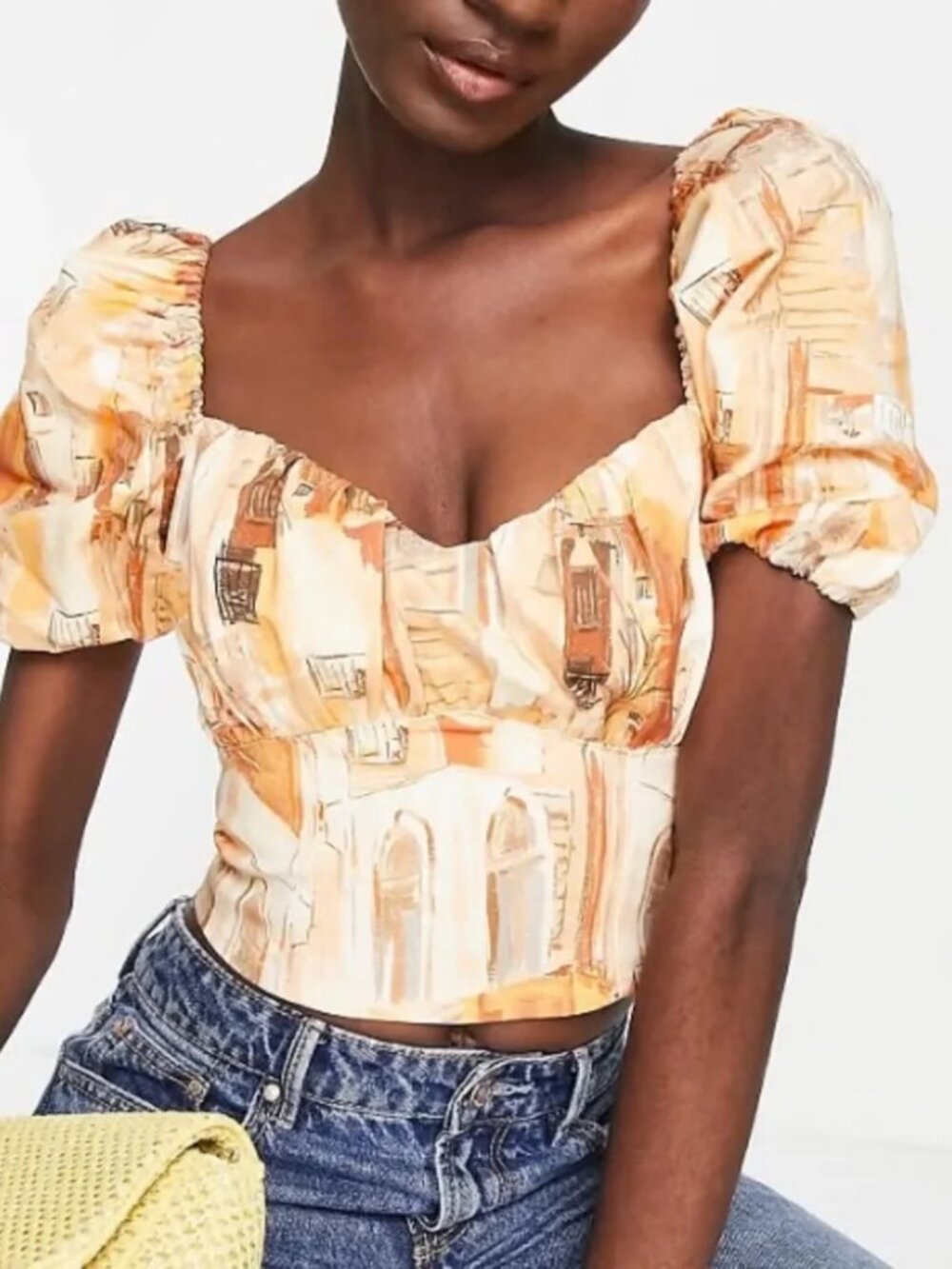 & Other Stories Vintage-Inspired Puff Sleeve Crop Top Orange & Tan Smocked 12
